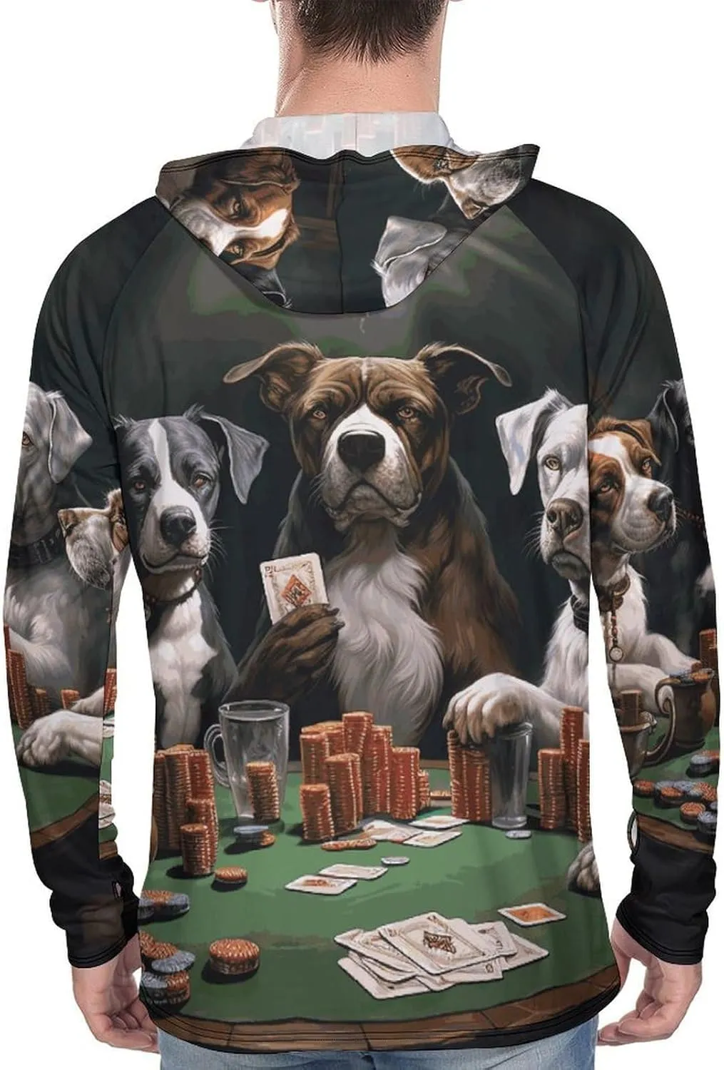 Men's UPF 50  Sun Protection Hoodie Outdoor UV Shirts Playing Poker Dogs Long Sleeve Quick Dry Fishing Hiking Shirt