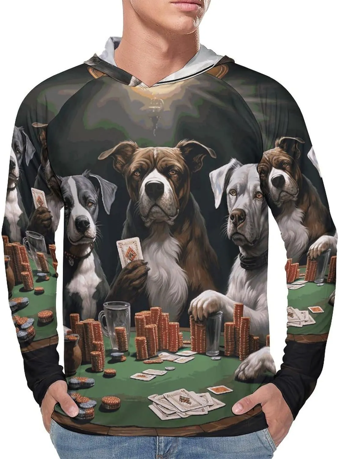 Men's UPF 50  Sun Protection Hoodie Outdoor UV Shirts Playing Poker Dogs Long Sleeve Quick Dry Fishing Hiking Shirt