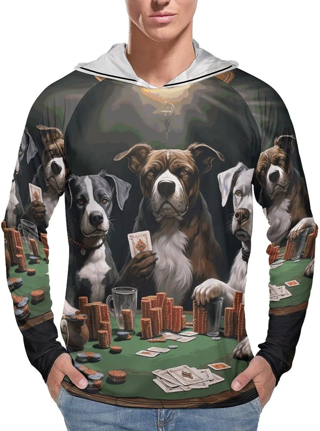 Men's UPF 50  Sun Protection Hoodie Outdoor UV Shirts Playing Poker Dogs Long Sleeve Quick Dry Fishing Hiking Shirt