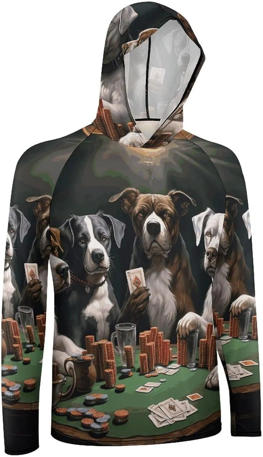 Men's UPF 50  Sun Protection Hoodie Outdoor UV Shirts Playing Poker Dogs Long Sleeve Quick Dry Fishing Hiking Shirt