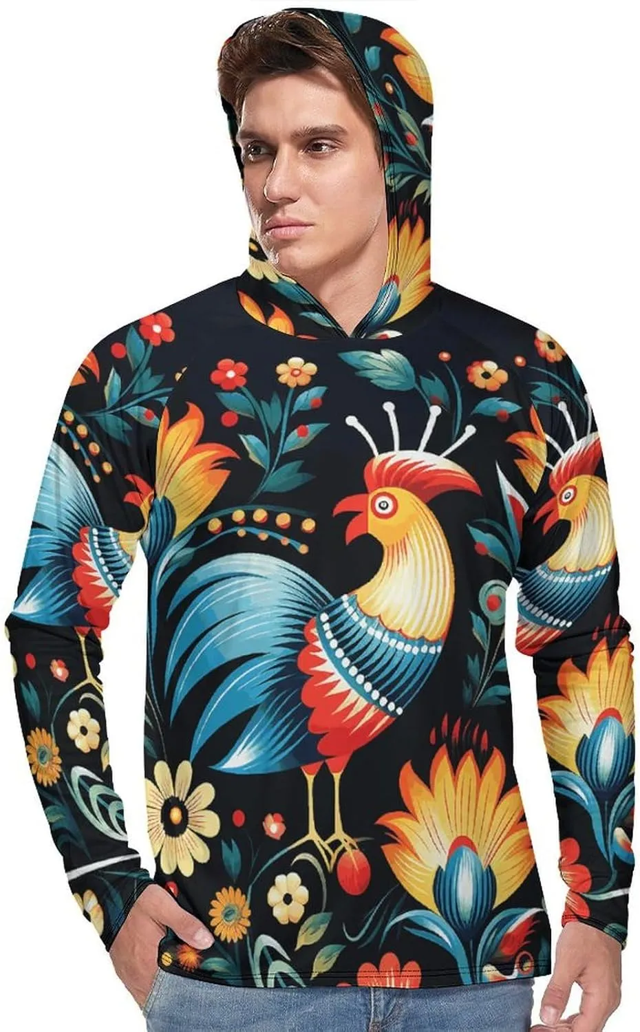 Men's UPF 50  Sun Protection Hoodie Outdoor UV Shirts Polish Folk Art Pattern Long Sleeve Quick Dry Fishing Hiking Shirt