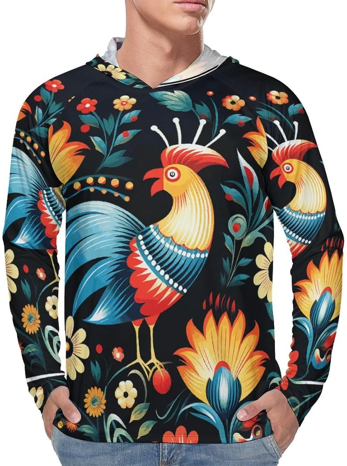 Men's UPF 50  Sun Protection Hoodie Outdoor UV Shirts Polish Folk Art Pattern Long Sleeve Quick Dry Fishing Hiking Shirt