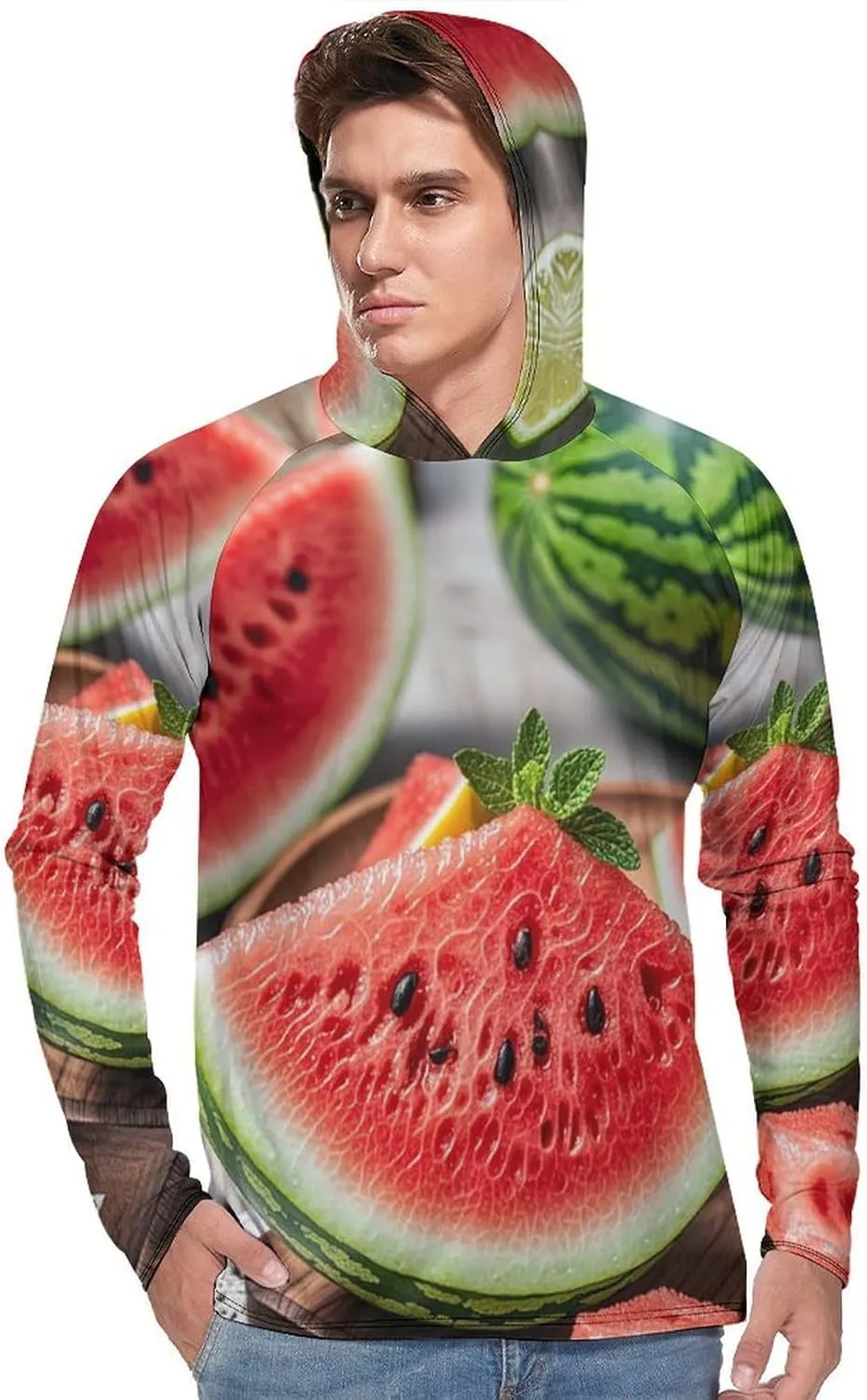 Men's UPF 50  Sun Protection Hoodie Outdoor UV Shirts Watermelon Lemon Long Sleeve Quick Dry Fishing Hiking Shirt