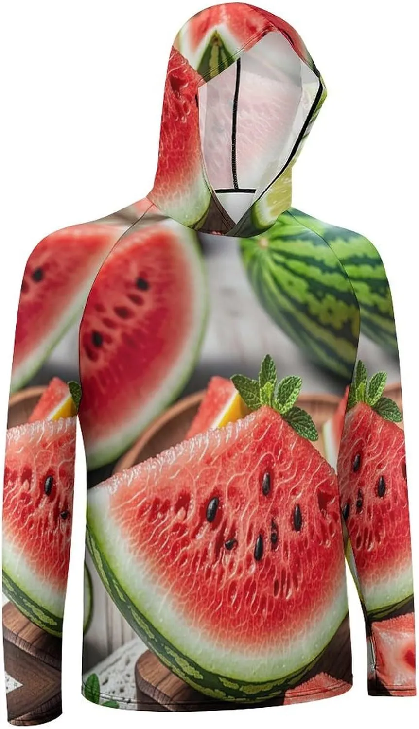Men's UPF 50  Sun Protection Hoodie Outdoor UV Shirts Watermelon Lemon Long Sleeve Quick Dry Fishing Hiking Shirt