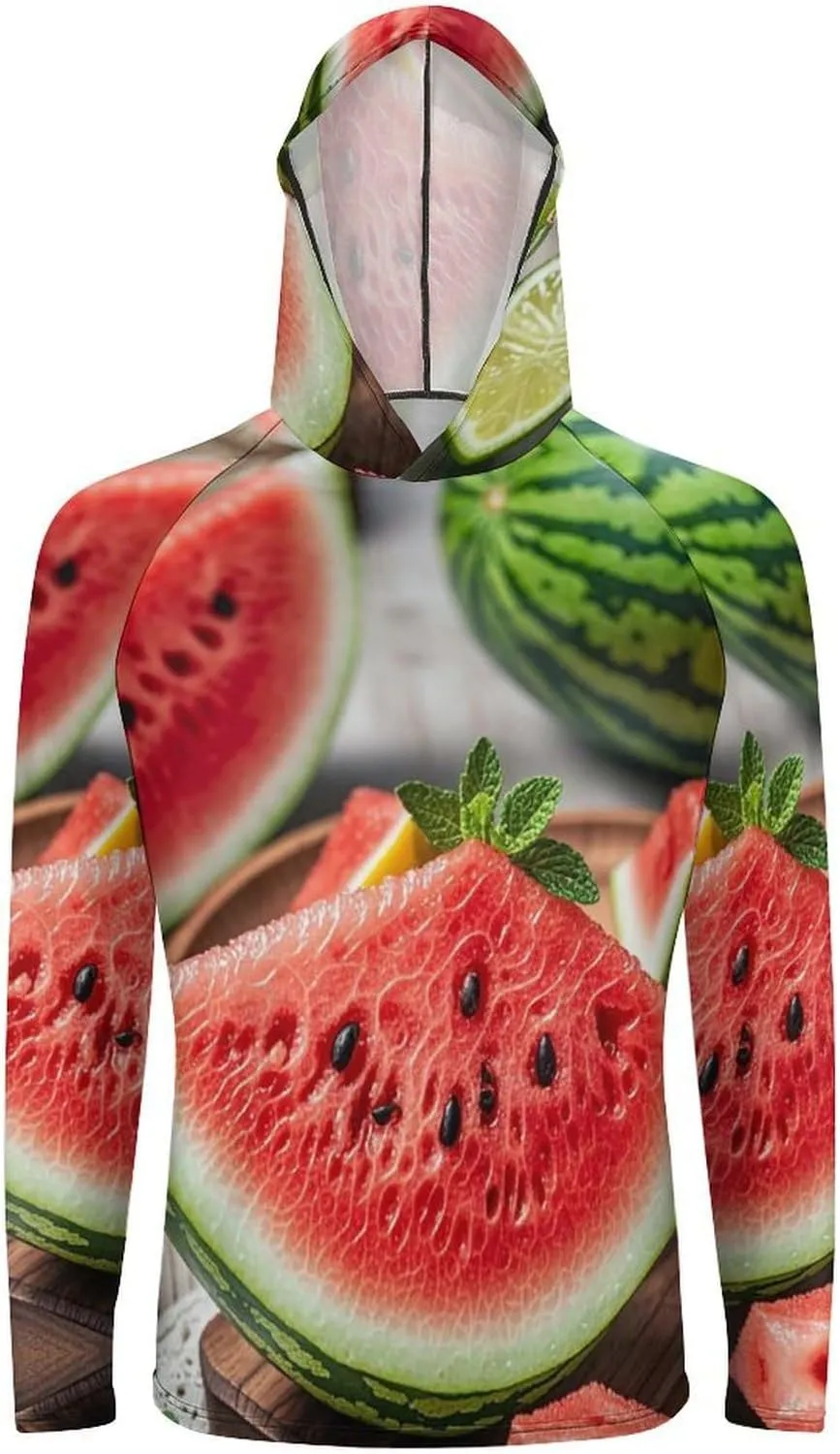 Men's UPF 50  Sun Protection Hoodie Outdoor UV Shirts Watermelon Lemon Long Sleeve Quick Dry Fishing Hiking Shirt