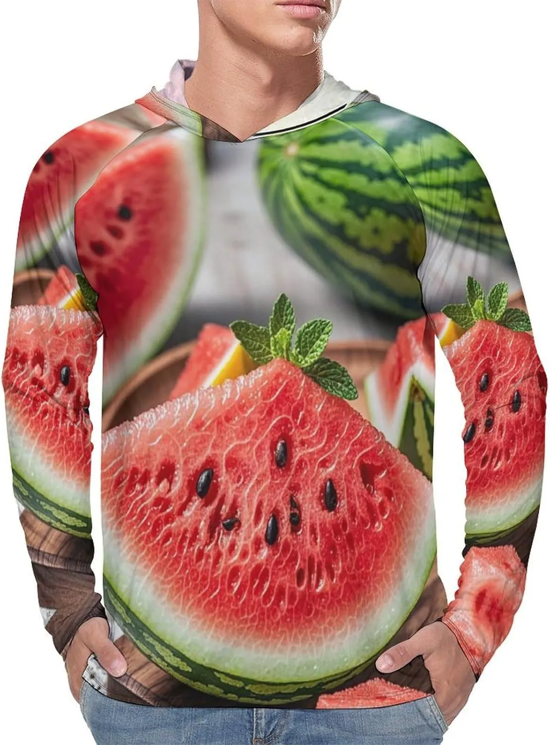 Men's UPF 50  Sun Protection Hoodie Outdoor UV Shirts Watermelon Lemon Long Sleeve Quick Dry Fishing Hiking Shirt