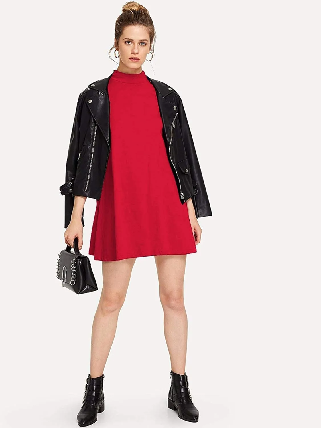 Milumia Women's Mock Neck T Shirt Dress Casual Short Sleeve Loose A Line Swing Mini Dress