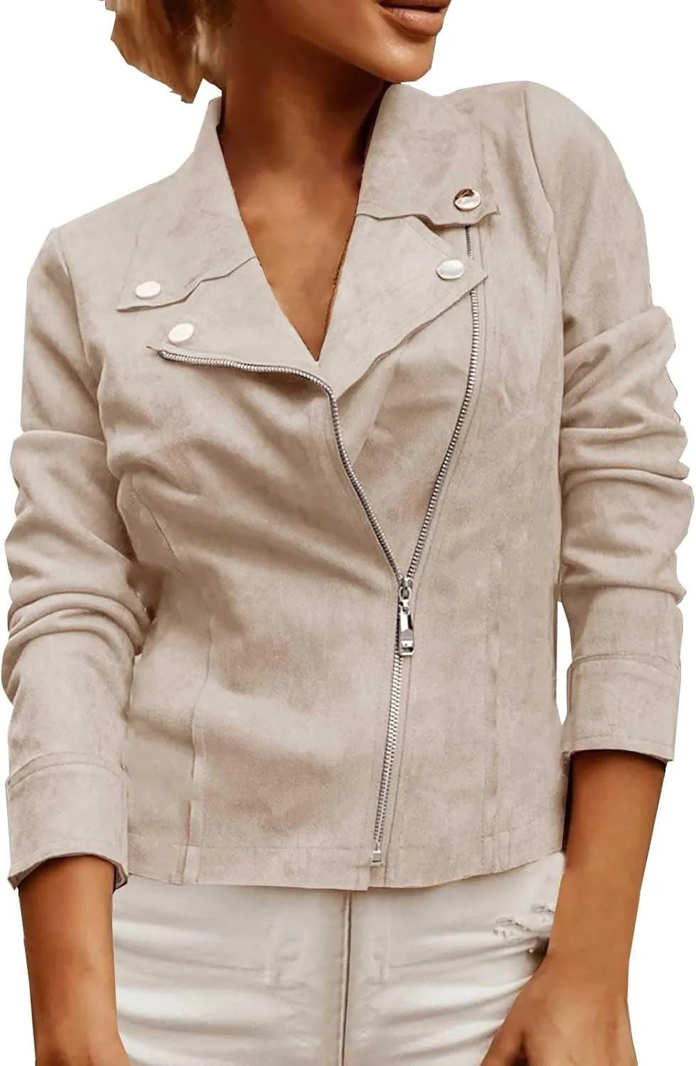 Miyaomn Faux Suede Leather Jacket for Women Motorcycle Cropped Coat Oblique Zip Up Biker Blazer Fashion Dressy Short Jackets