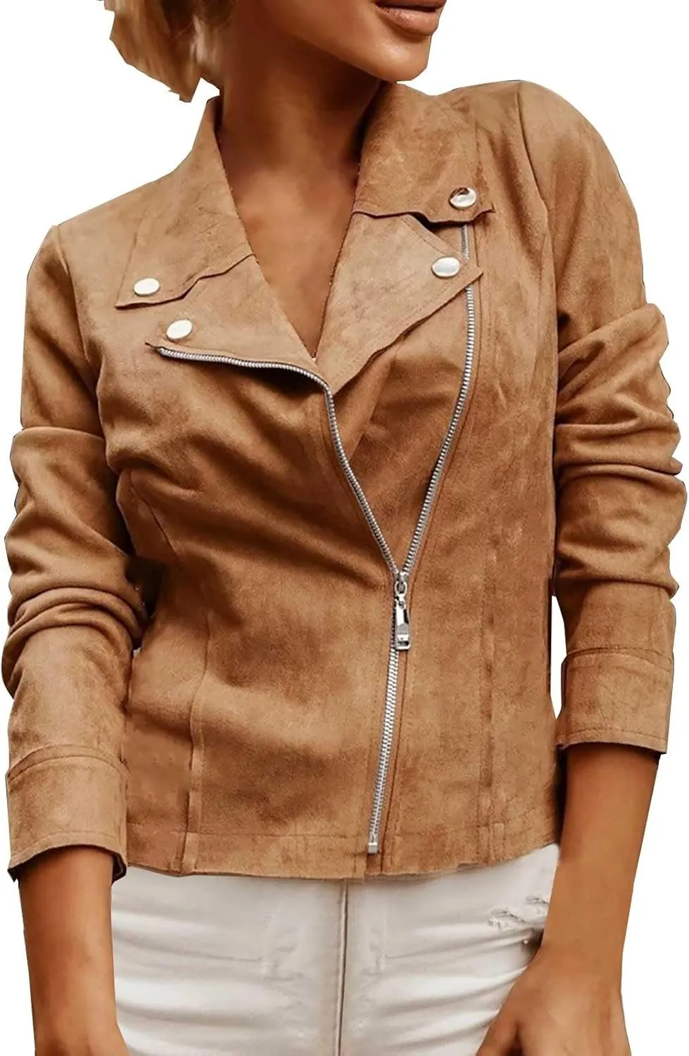 Miyaomn Faux Suede Leather Jacket for Women Motorcycle Cropped Coat Oblique Zip Up Biker Blazer Fashion Dressy Short Jackets