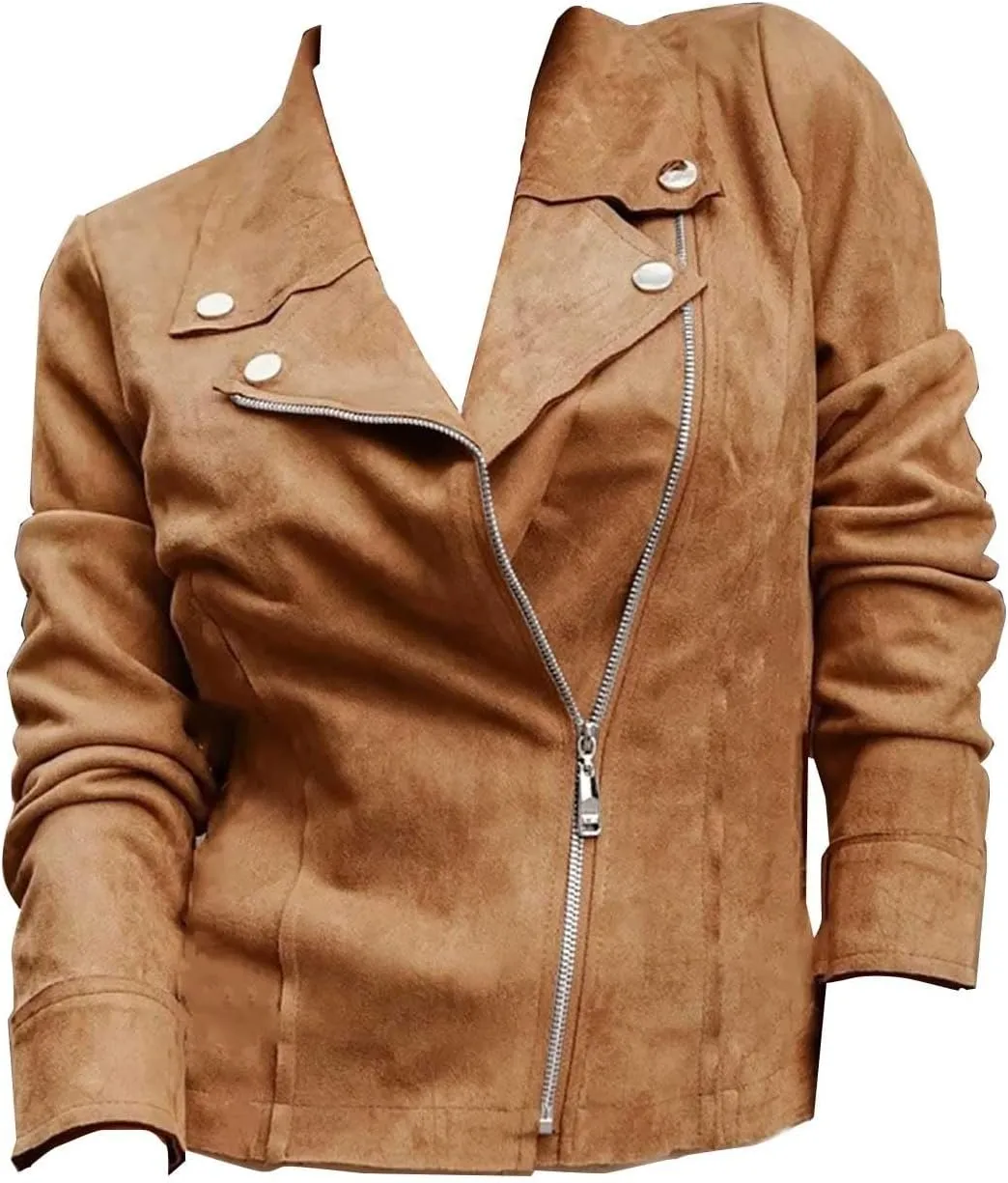 Miyaomn Faux Suede Leather Jacket for Women Motorcycle Cropped Coat Oblique Zip Up Biker Blazer Fashion Dressy Short Jackets