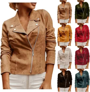 Miyaomn Faux Suede Leather Jacket for Women Motorcycle Cropped Coat Oblique Zip Up Biker Blazer Fashion Dressy Short Jackets