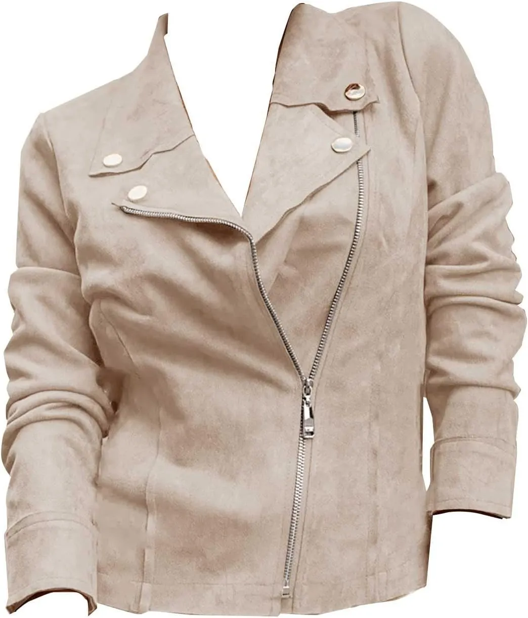 Miyaomn Faux Suede Leather Jacket for Women Motorcycle Cropped Coat Oblique Zip Up Biker Blazer Fashion Dressy Short Jackets