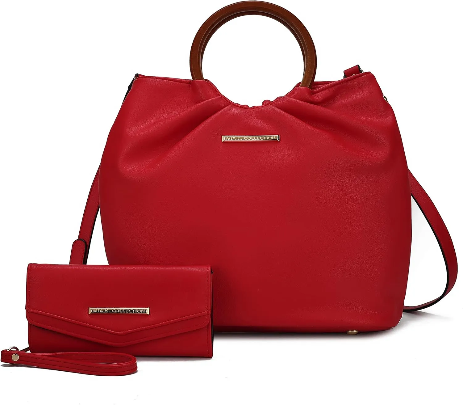 MKF Collection Tote Bag Set for Women, Vegan Leather Circular Wooden Top-Handle Shoulder Handbag Purse With Wristlet Wallet