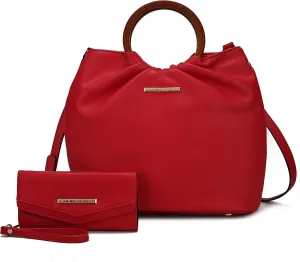 MKF Collection Tote Bag Set for Women, Vegan Leather Circular Wooden Top-Handle Shoulder Handbag Purse With Wristlet Wallet