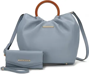 MKF Collection Tote Bag Set for Women, Vegan Leather Circular Wooden Top-Handle Shoulder Handbag Purse With Wristlet Wallet