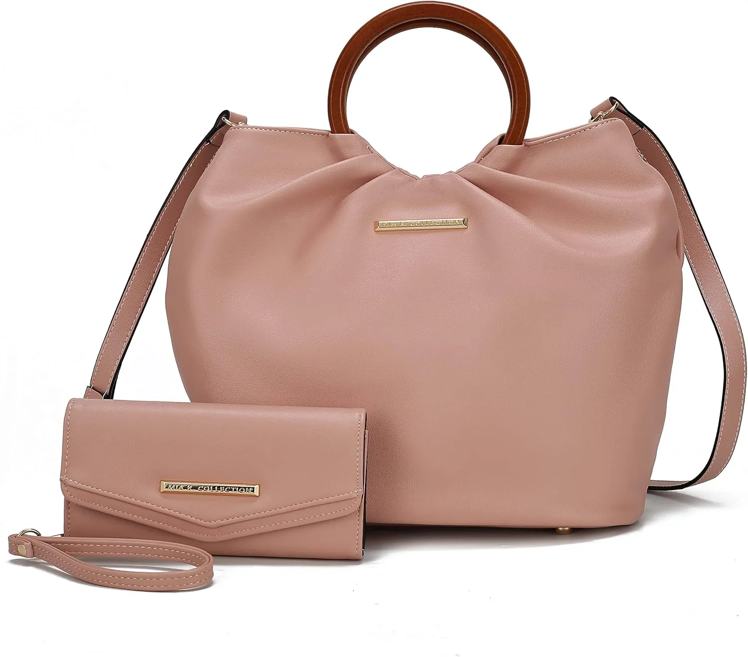 MKF Collection Tote Bag Set for Women, Vegan Leather Circular Wooden Top-Handle Shoulder Handbag Purse With Wristlet Wallet