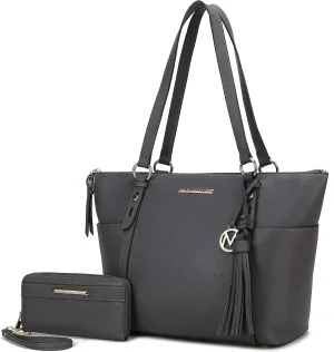 MKF Set Shoulder Bag for Women & Wristlet Wallet Purse: Top Handle Tote Satchel PU Leather Handbag Pocketbook