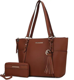 MKF Set Shoulder Bag for Women & Wristlet Wallet Purse: Top Handle Tote Satchel PU Leather Handbag Pocketbook