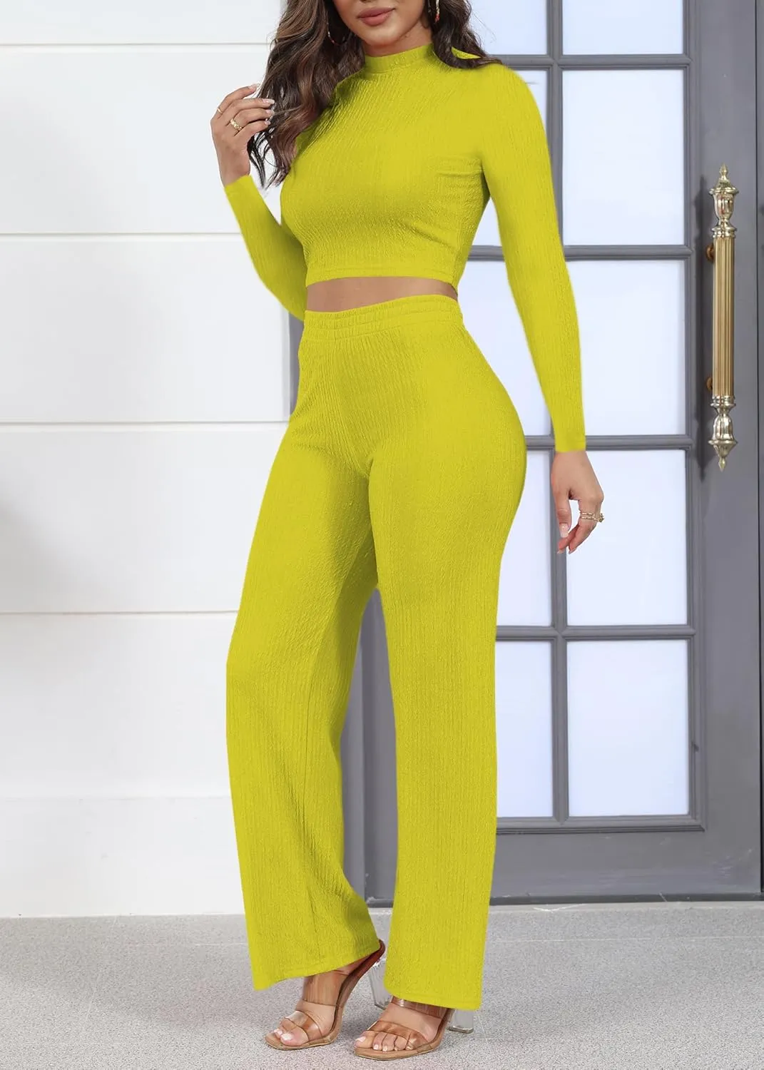 MOEENCN 2 Piece Lounge Set for Women Going Out Matching Set Clothing Crop Top Flare Pants Comfy Vacation Outfit Tracksuit