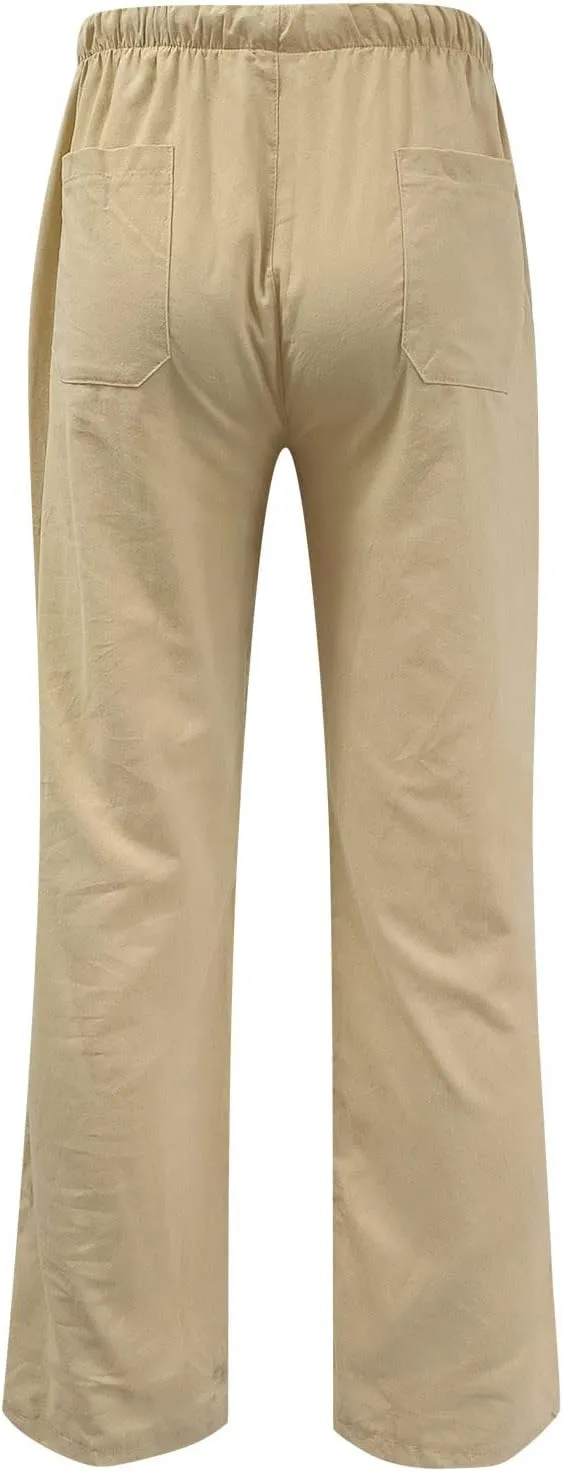 Muscularfit Mens Linen Pants Casual Loose Funny Print Drawstring Elastic Waist Cotton Pant Lounge Solid Straight Legs Trouser