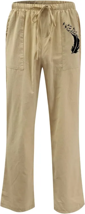 Muscularfit Mens Linen Pants Casual Loose Funny Print Drawstring Elastic Waist Cotton Pant Lounge Solid Straight Legs Trouser