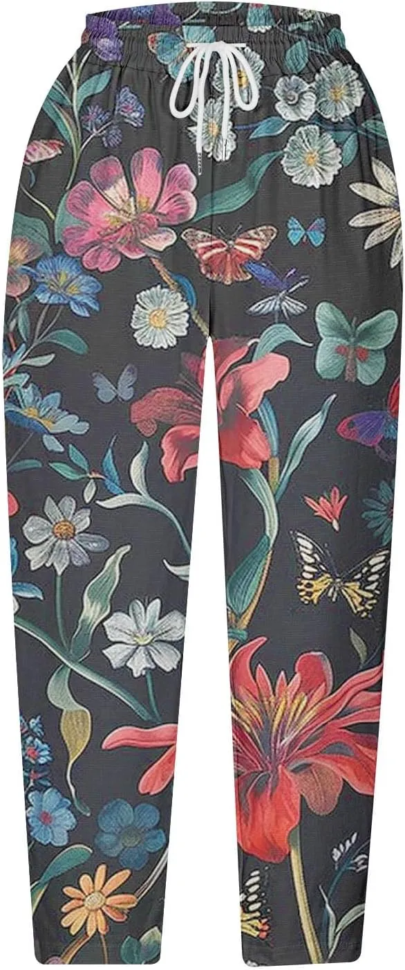 Mzkdieey Womens Capri Pants Summer Floral Print Wide Leg Harem Pants Drawstring High Waisted Cropped Trousers with Pockets
