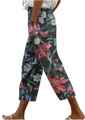 Mzkdieey Womens Capri Pants Summer Floral Print Wide Leg Harem Pants Drawstring High Waisted Cropped Trousers with Pockets