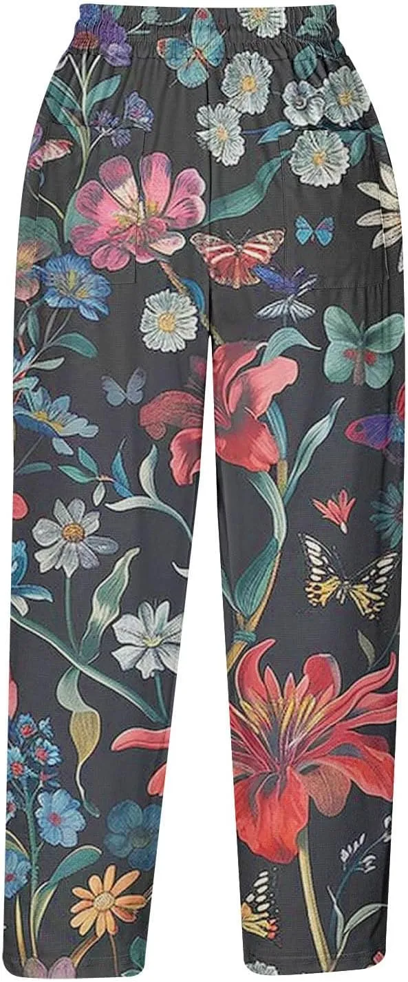 Mzkdieey Womens Capri Pants Summer Floral Print Wide Leg Harem Pants Drawstring High Waisted Cropped Trousers with Pockets