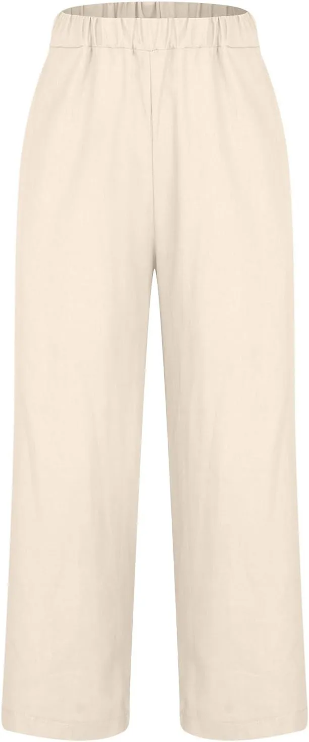 Mzkdieey Women's Cotton Linen Summer Palazzo Pants Casual Wide Leg Elastic High Waist Cropped Beach Trousers with Pockets