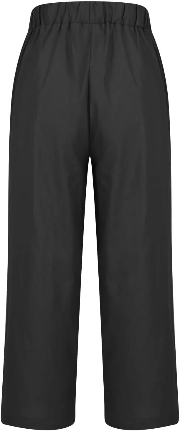 Mzkdieey Women's Cotton Linen Summer Palazzo Pants Casual Wide Leg Elastic High Waist Cropped Beach Trousers with Pockets