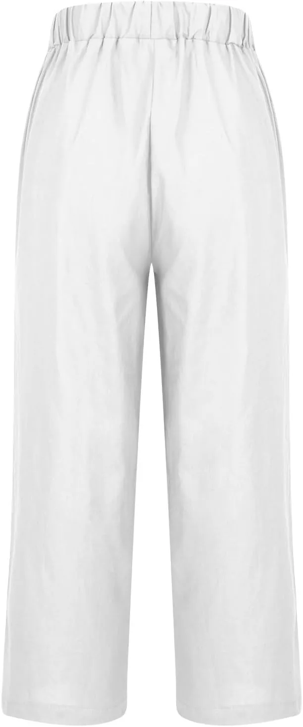Mzkdieey Women's Cotton Linen Summer Palazzo Pants Casual Wide Leg Elastic High Waist Cropped Beach Trousers with Pockets