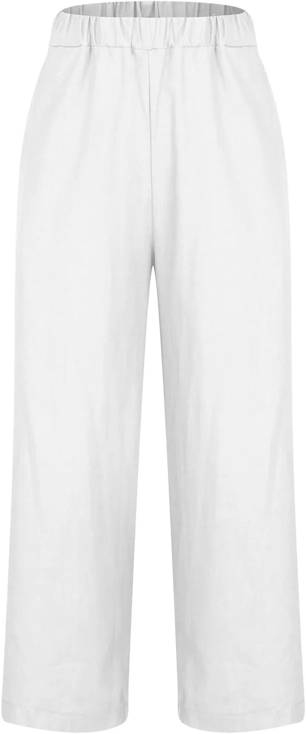 Mzkdieey Women's Cotton Linen Summer Palazzo Pants Casual Wide Leg Elastic High Waist Cropped Beach Trousers with Pockets
