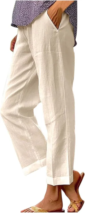 Mzkdieey Women's Cotton Linen Summer Palazzo Pants Casual Wide Leg Elastic High Waist Cropped Beach Trousers with Pockets