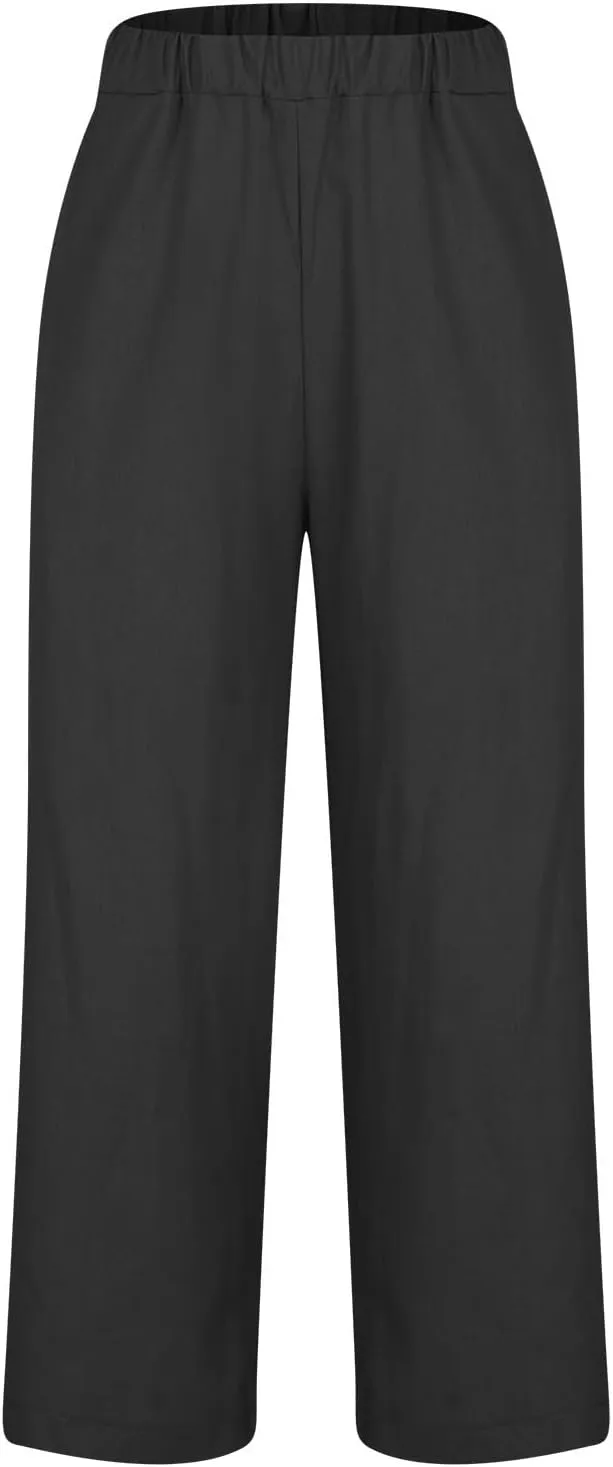 Mzkdieey Women's Cotton Linen Summer Palazzo Pants Casual Wide Leg Elastic High Waist Cropped Beach Trousers with Pockets