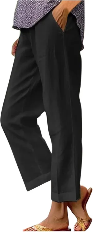 Mzkdieey Women's Cotton Linen Summer Palazzo Pants Casual Wide Leg Elastic High Waist Cropped Beach Trousers with Pockets