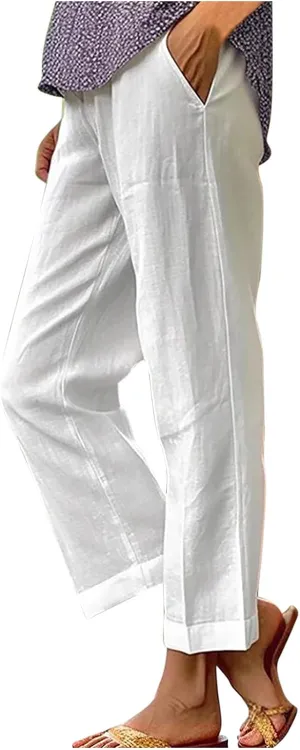 Mzkdieey Women's Cotton Linen Summer Palazzo Pants Casual Wide Leg Elastic High Waist Cropped Beach Trousers with Pockets