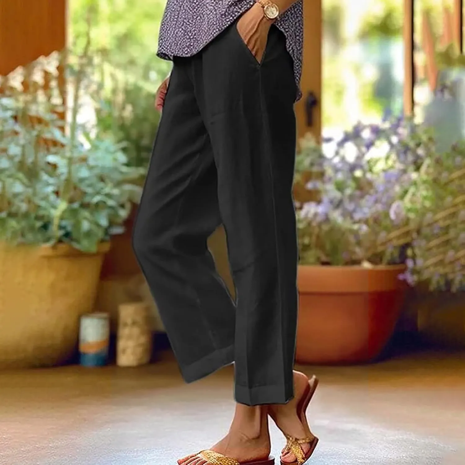 Mzkdieey Women's Cotton Linen Summer Palazzo Pants Casual Wide Leg Elastic High Waist Cropped Beach Trousers with Pockets