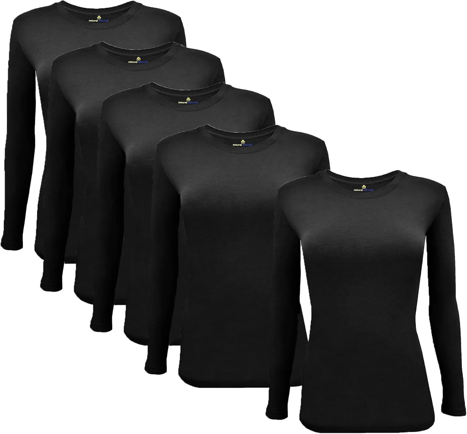 Natural Uniforms Women's Under Scrub Tee Crew Neck Long Sleeve T-Shirt-5-Pack