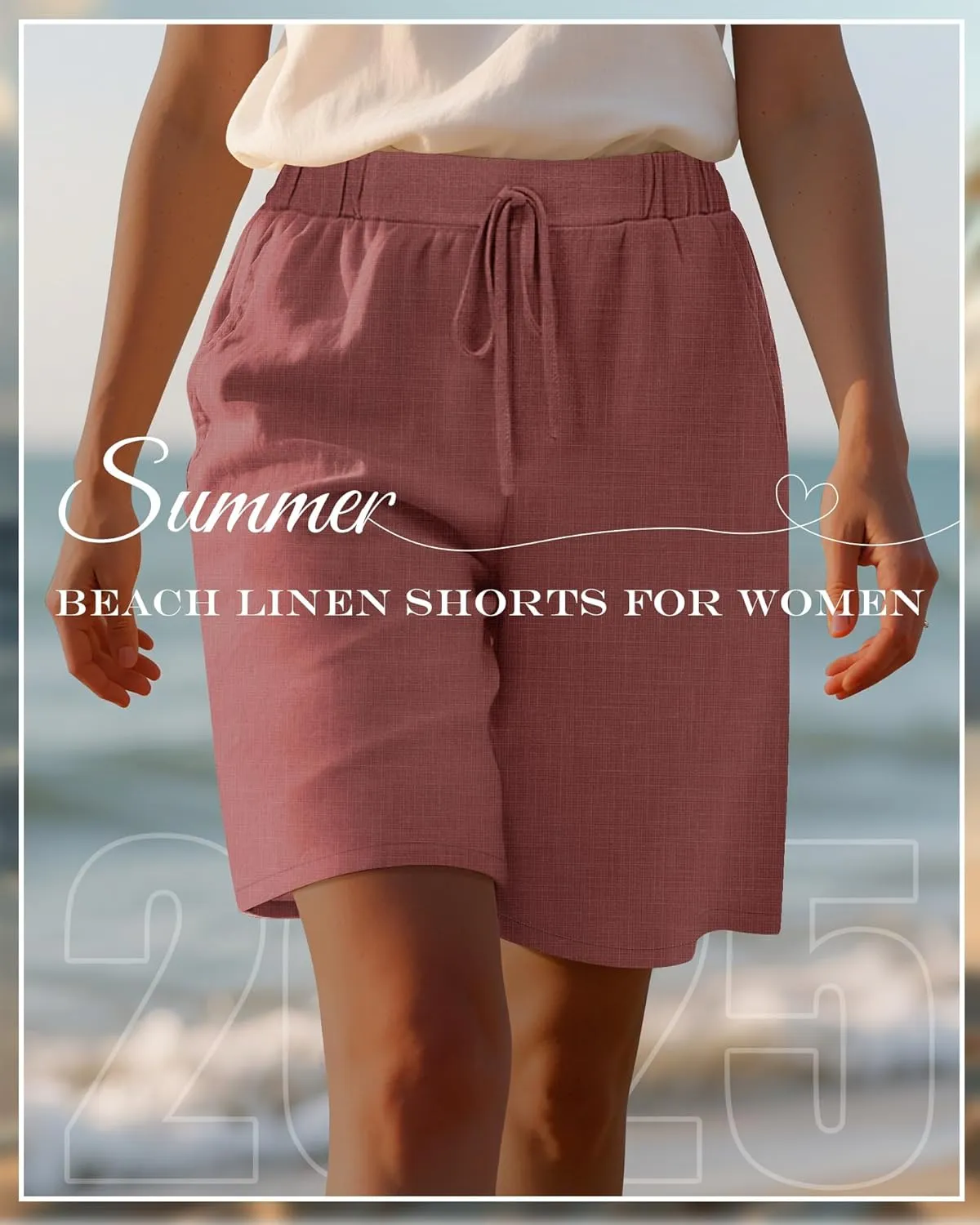 Neer 2 Pack Women's Linen Bermuda Shorts Elastic Waist Wide Leg Shorts Casual Summer Bottoms with Pockets