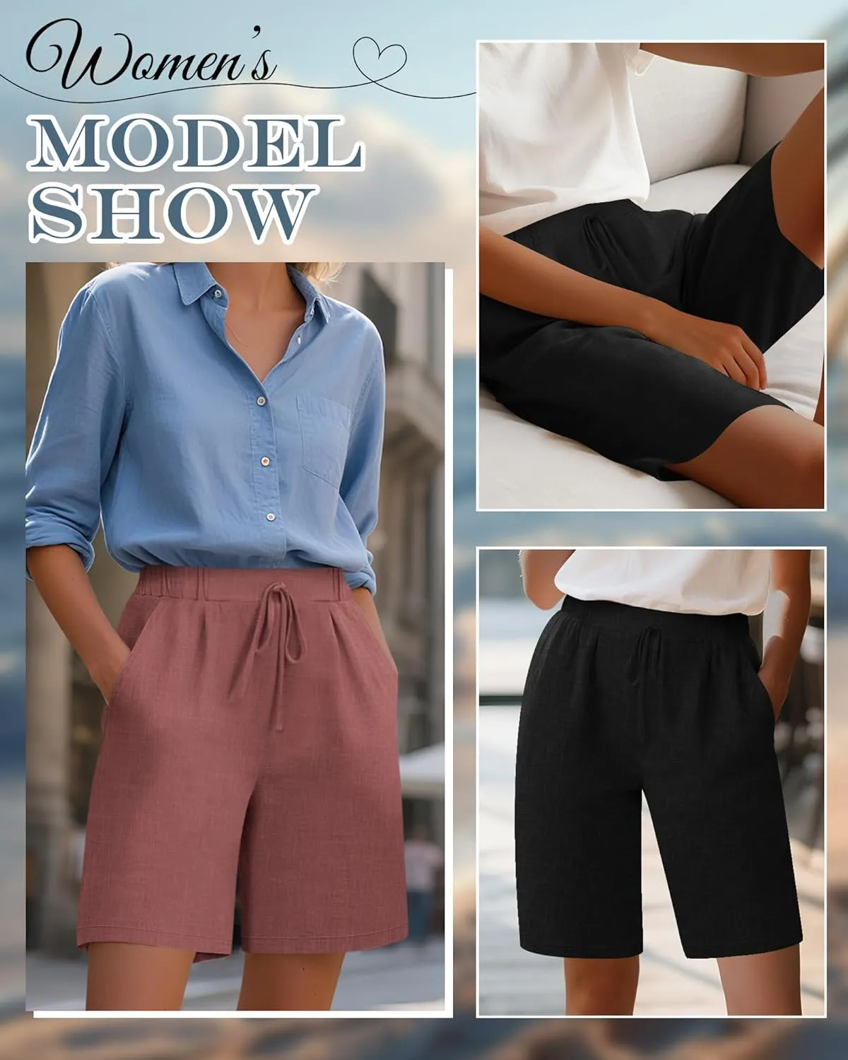 Neer 2 Pack Women's Linen Bermuda Shorts Elastic Waist Wide Leg Shorts Casual Summer Bottoms with Pockets