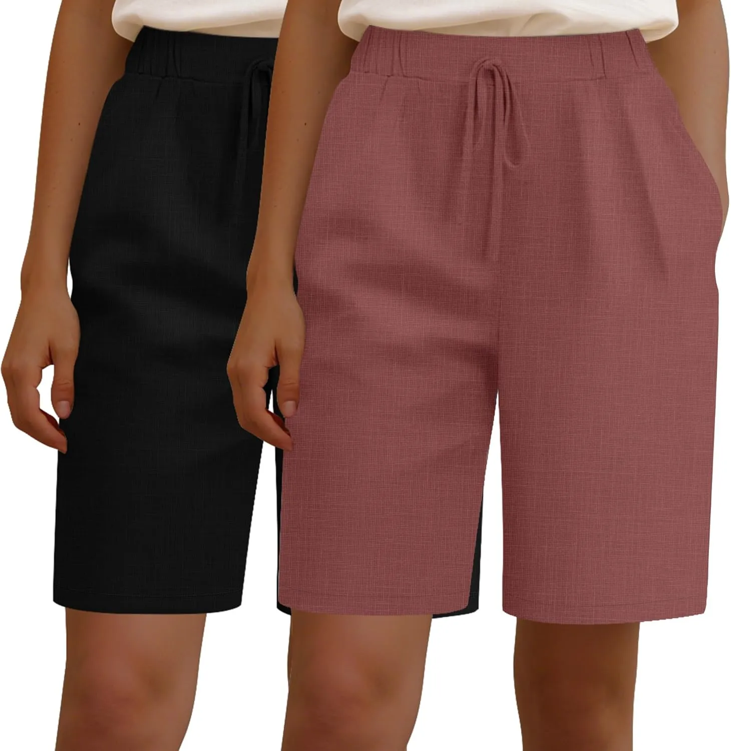 Neer 2 Pack Women's Linen Bermuda Shorts Elastic Waist Wide Leg Shorts Casual Summer Bottoms with Pockets