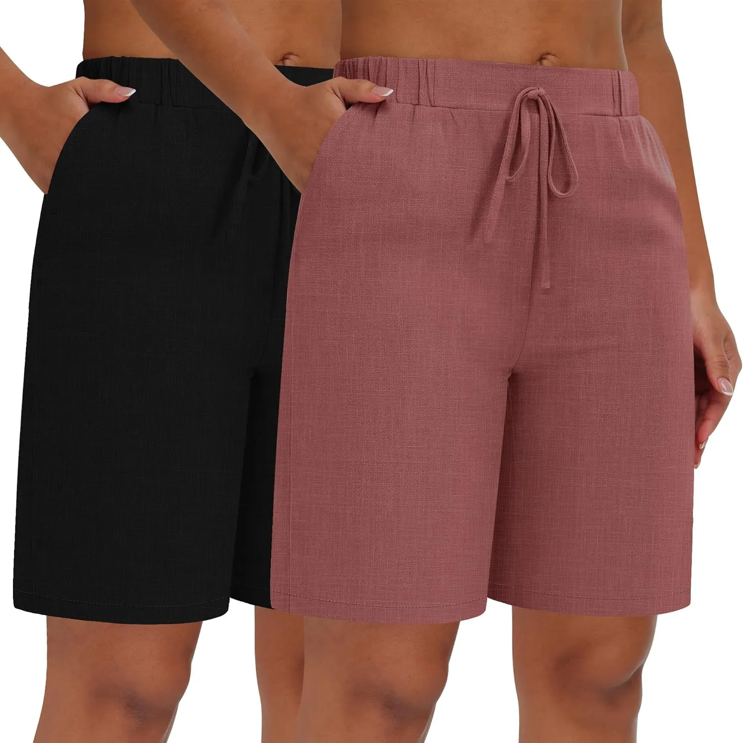 Neer 2 Pack Women's Linen Bermuda Shorts Elastic Waist Wide Leg Shorts Casual Summer Bottoms with Pockets