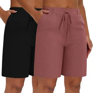 Neer 2 Pack Women's Linen Bermuda Shorts Elastic Waist Wide Leg Shorts Casual Summer Bottoms with Pockets