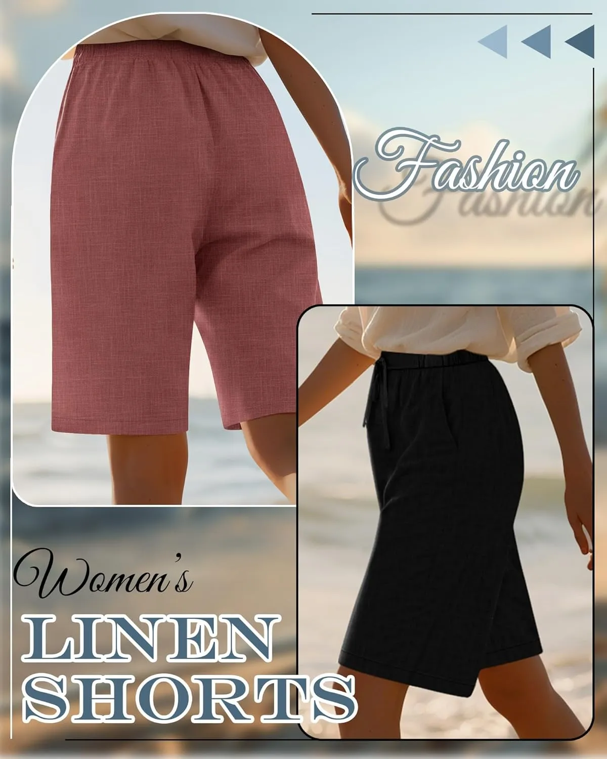Neer 2 Pack Women's Linen Bermuda Shorts Elastic Waist Wide Leg Shorts Casual Summer Bottoms with Pockets