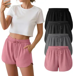 Neer 4 Pack Women's Sweat Shorts, Cotton Casual Athletic Workout Shorts with Pockets Drawstring Summer Lounge Bottoms