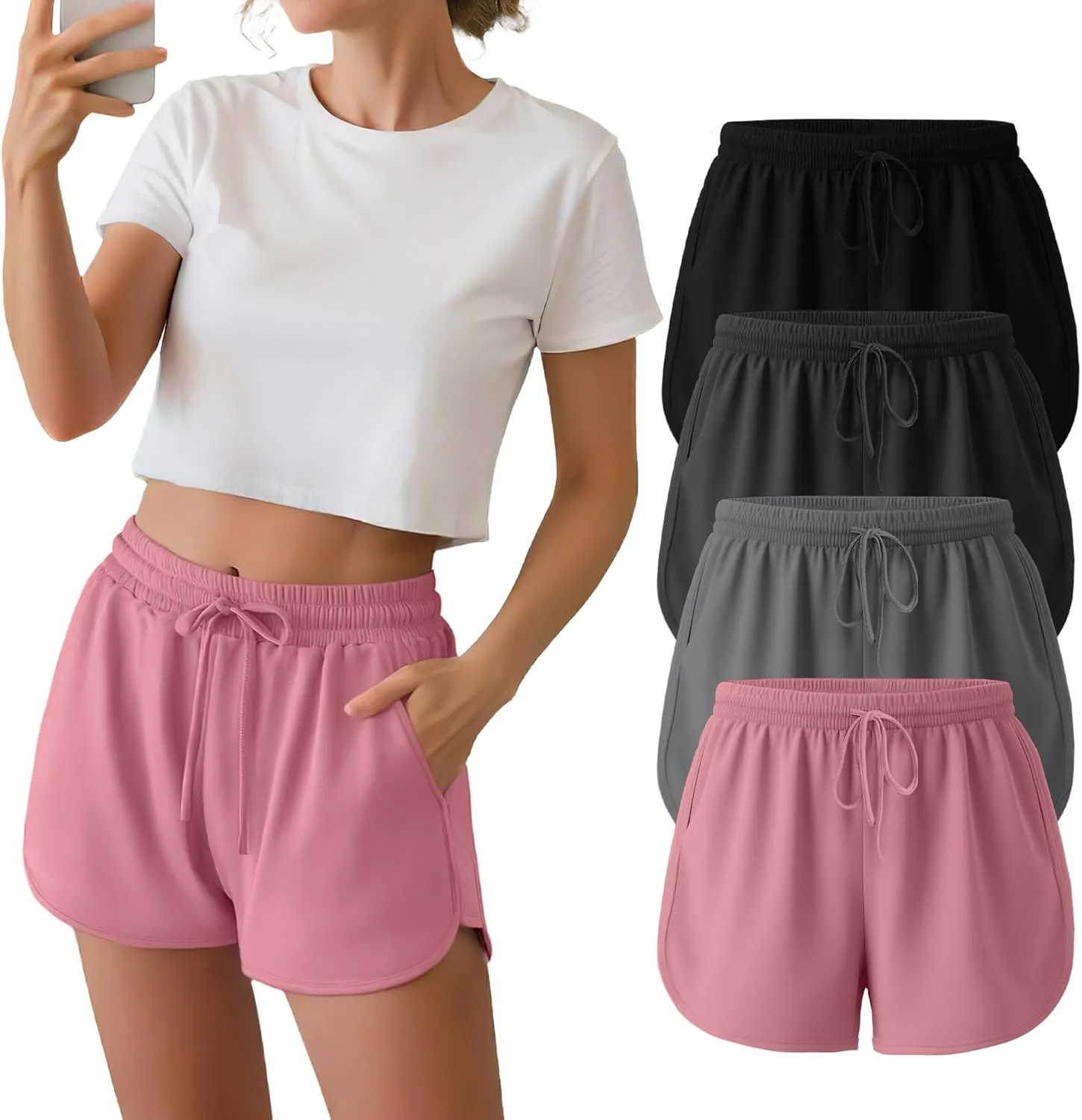 Neer 4 Pack Women's Sweat Shorts, Cotton Casual Athletic Workout Shorts with Pockets Drawstring Summer Lounge Bottoms