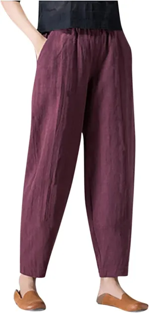 niuwa Womens Cotton and Linen Harem Pants Casual Loose Trousers with Pockets Summer Elastic Waist Boho Pants (Wine, XXL)