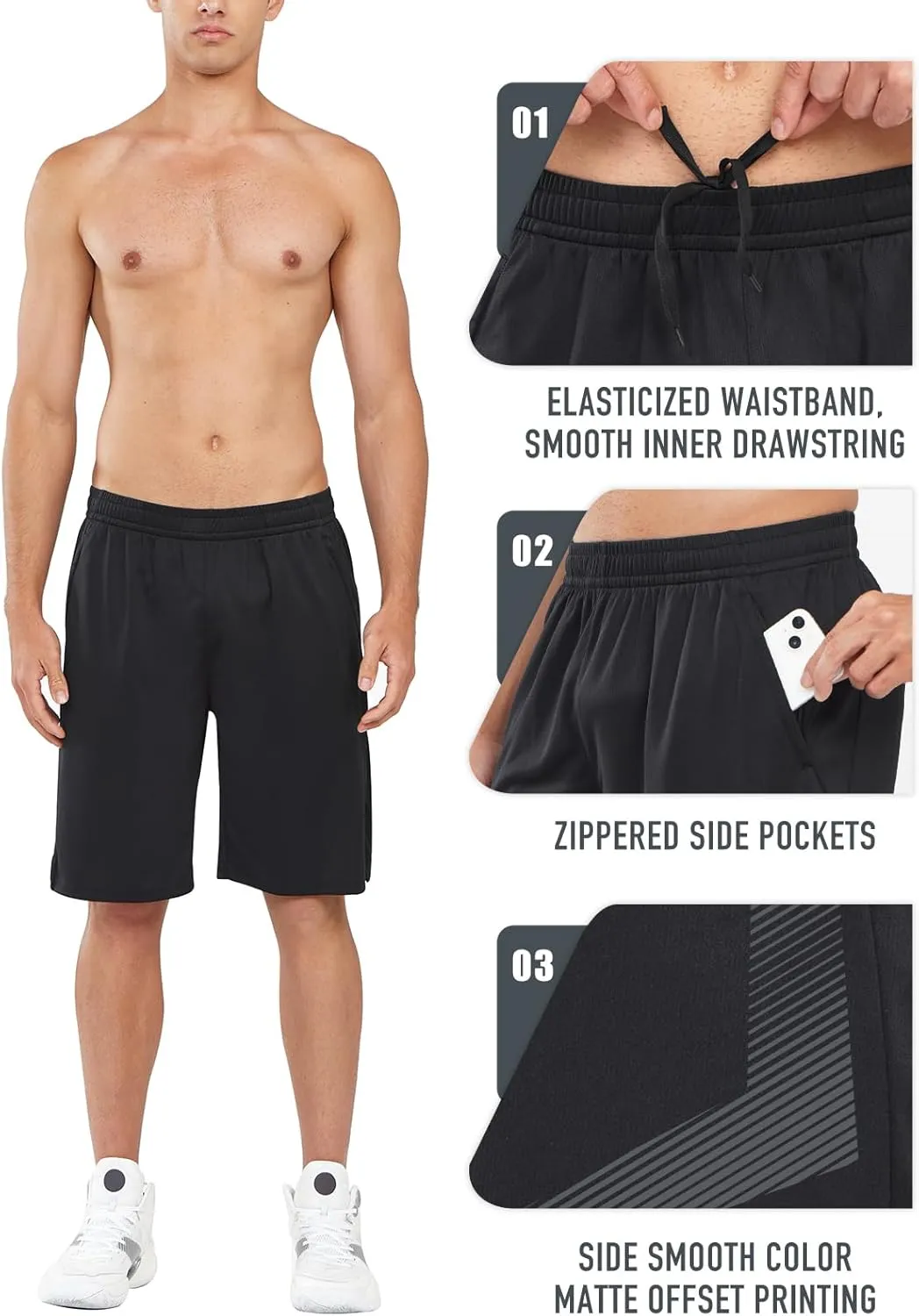 NORTHYARD Men's 10" Athletic Basketball Shorts with Zipper Pockets Quick Dry Lightweight Running Workout Gym Tennis Shorts