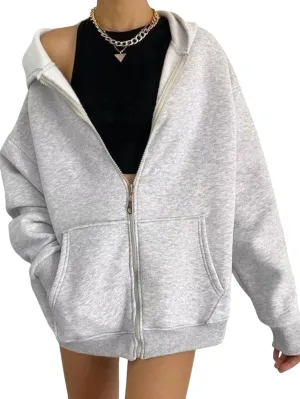 NUFIWI Women's Oversized Zip Up Hoodie Loose Long Sleeve Hooded Sweatshirt with Pockets Casual Jacket Preppy Streetwear