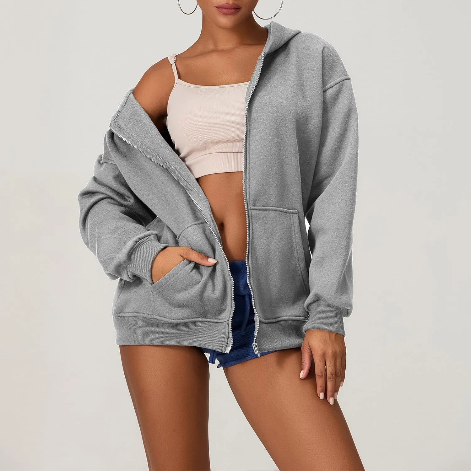 NUFIWI Women's Oversized Zip Up Hoodie Loose Long Sleeve Hooded Sweatshirt with Pockets Casual Jacket Preppy Streetwear